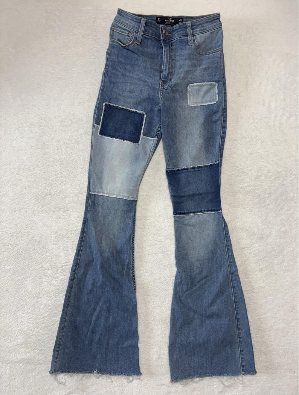 Hollister High Rise Flare Jeans Juniors 1R/25 Blue Patchwork Raw Hem Denim